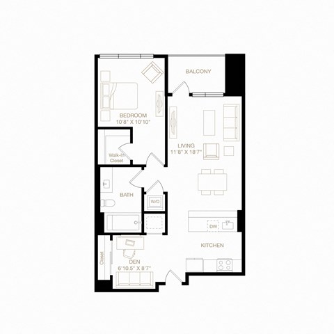 Floor plan for 1 bed, 1 bath, 800 sqft